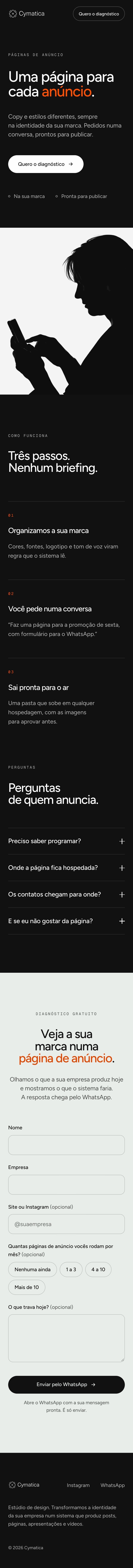 Página de anúncio da Cymatica, “Uma página para cada anúncio”, do topo ao formulário do diagnóstico.