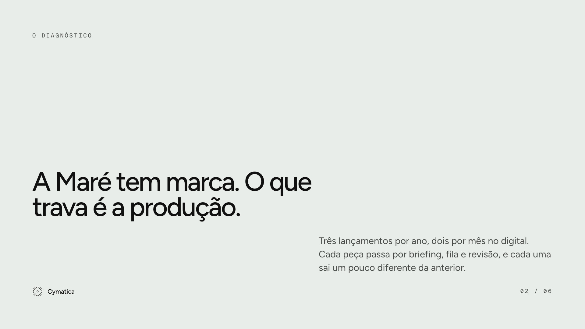 Slide 16:9 de diagnóstico: “A Maré tem marca. O que trava é a produção.”